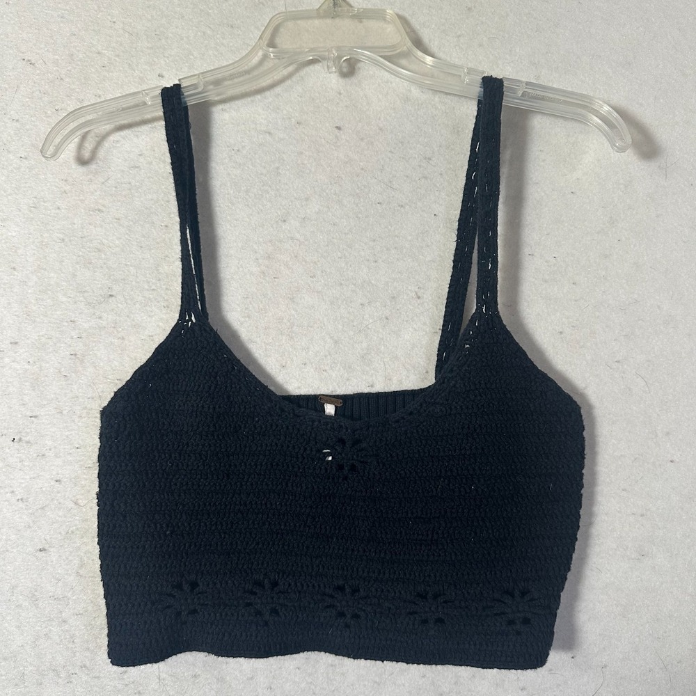 Free People tank top sz L black crochet cropped festival rave grunge emo biker